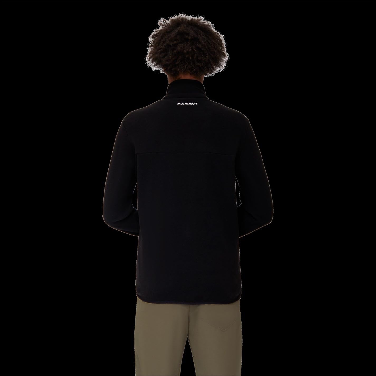 Men's black fleece jacket, rear view with stand collar and zip pocket details