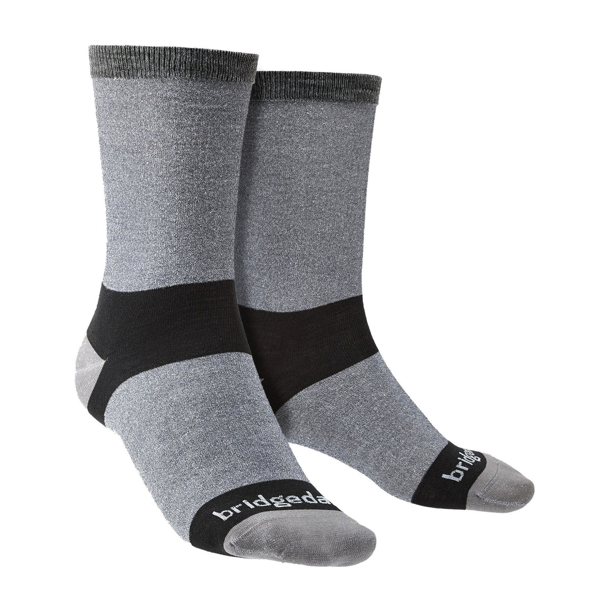 Grey men's liner boot socks, ribbed cuff and Bridgedale logo on foot