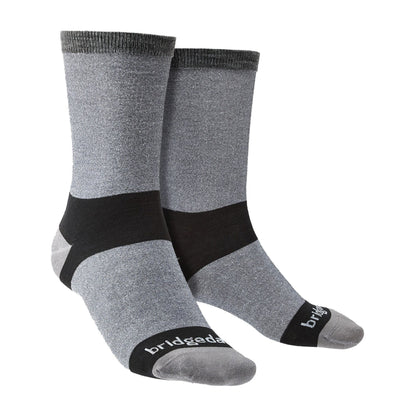 Grey men's liner boot socks, ribbed cuff and Bridgedale logo on foot