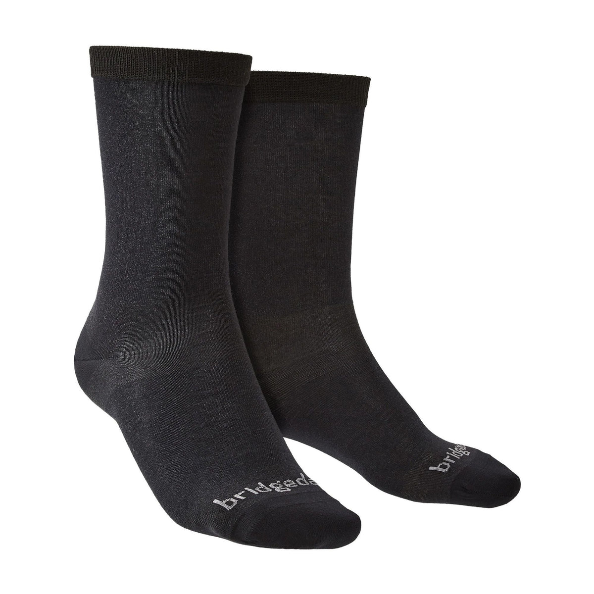 Black men's liner boot socks, ribbed cuff and Bridgedale logo on foot