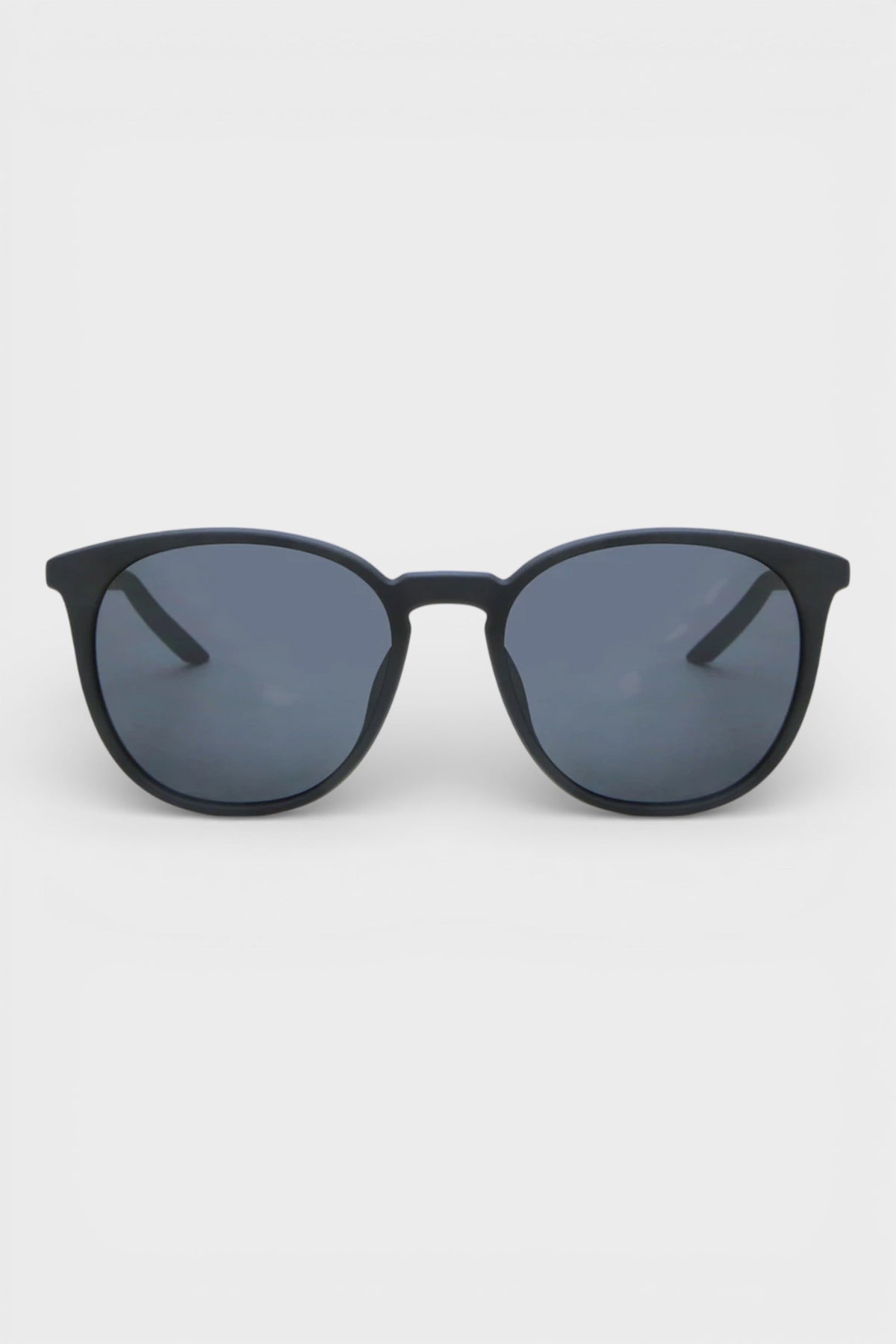 Nike matte black sunglasses with dark grey lenses, front view