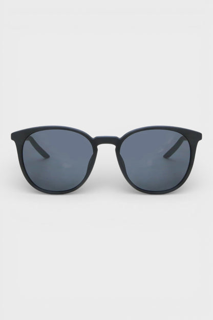 Nike matte black sunglasses with dark grey lenses, front view