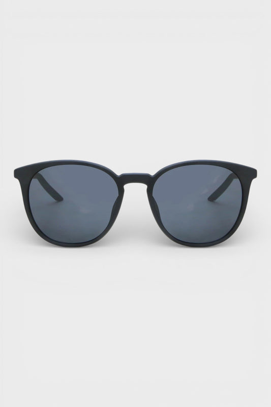 Nike matte black sunglasses with dark grey lenses, front view