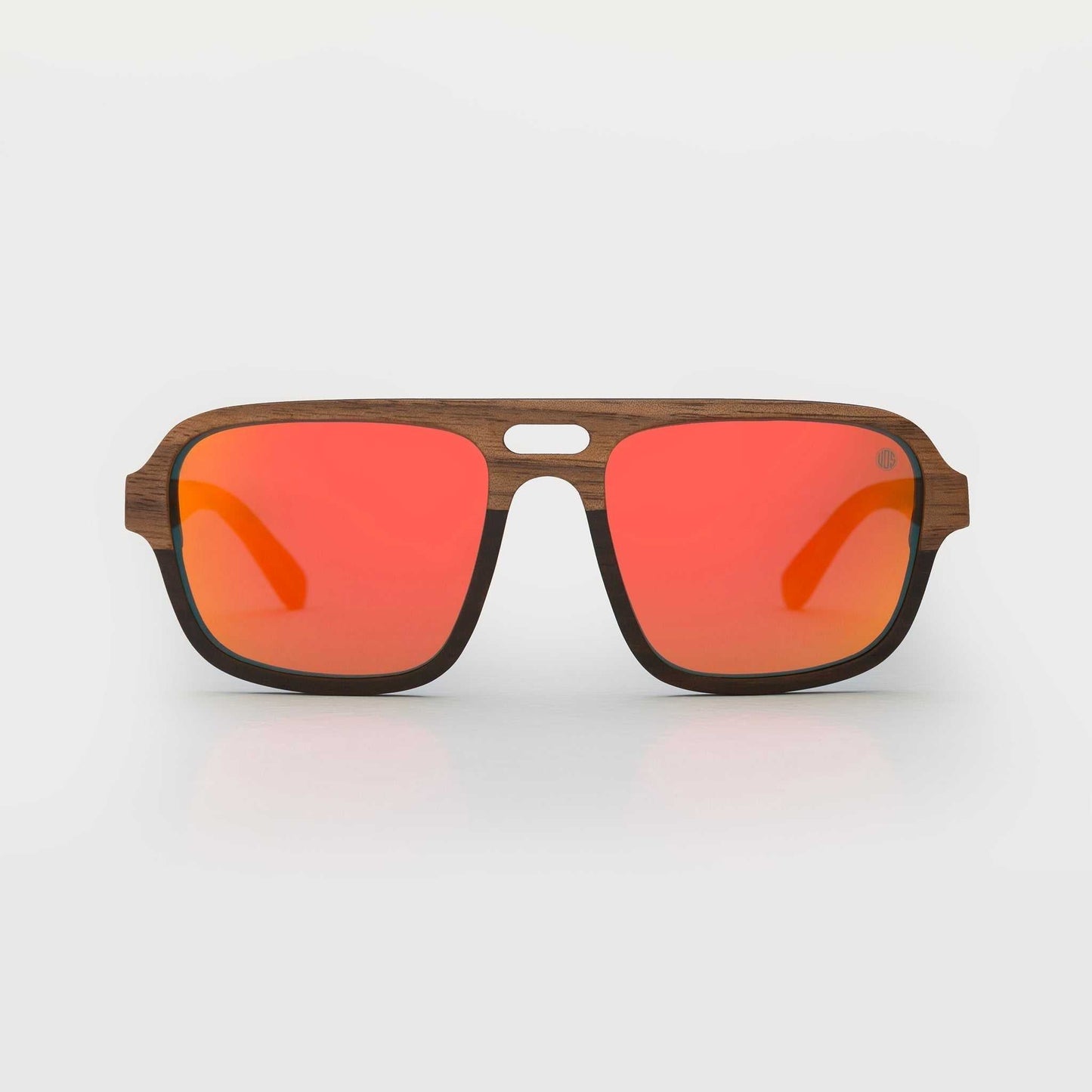 Walnut wood sunglasses front view with burnt orange mirrored lenses