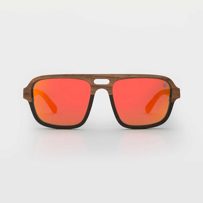 Walnut wood sunglasses front view with burnt orange mirrored lenses