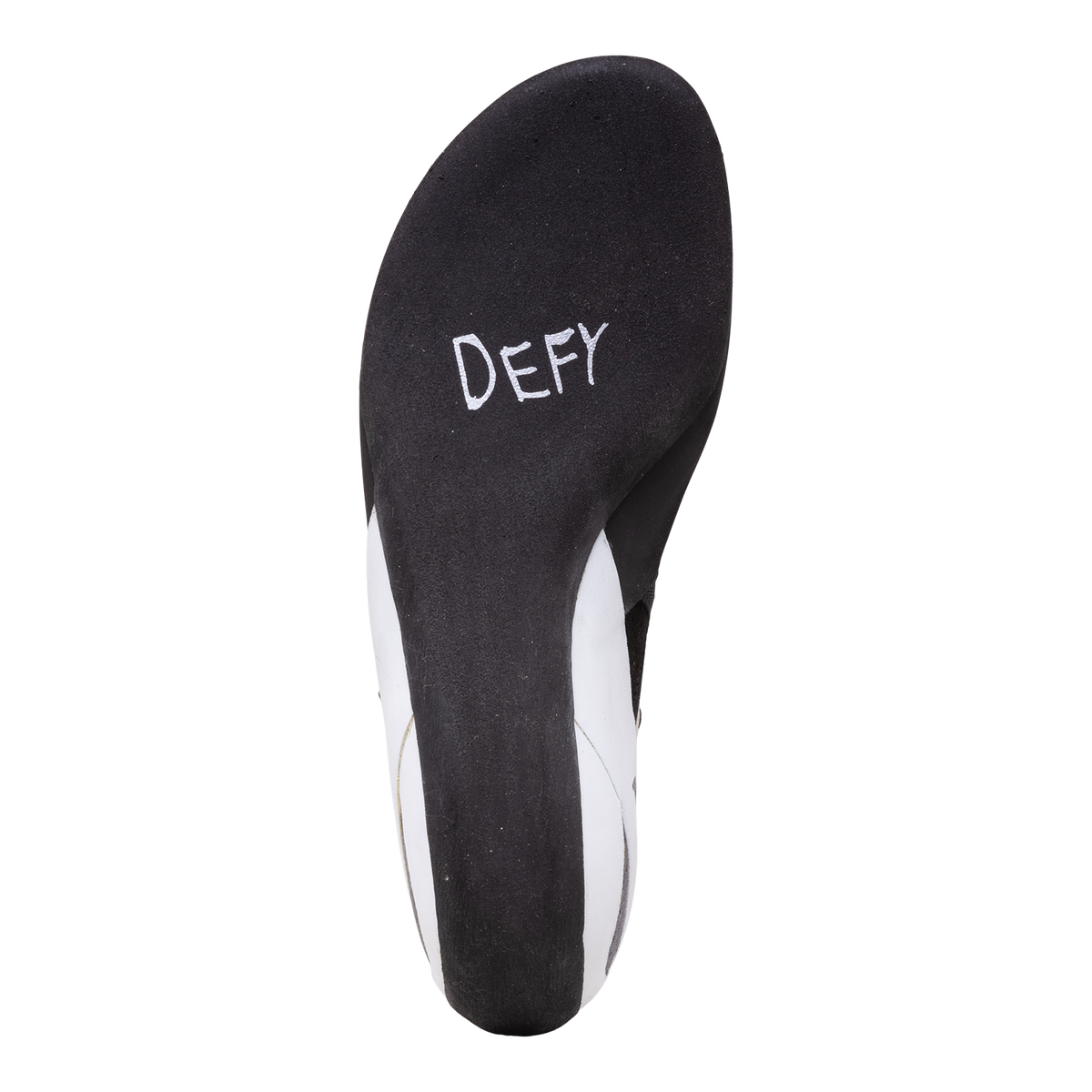 Evolv Defy climbing shoes, heel view with “DEFY” logo on dark outsole