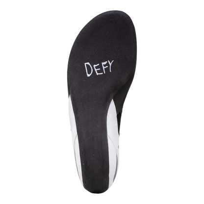 Evolv Defy climbing shoes, heel view with “DEFY” logo on dark outsole