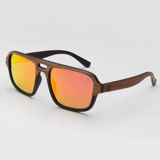 Walnut wood sunglasses with burnt orange mirrored lenses and black accents