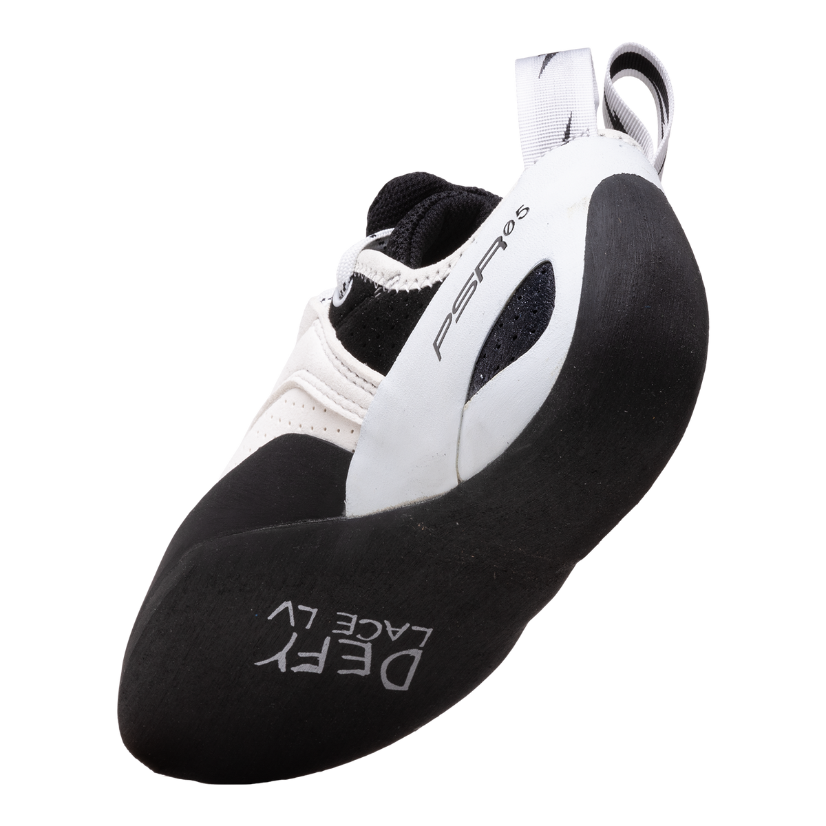Evolv Defy Lace LV low-volume climbing shoes, heel side view with black outsole and logo