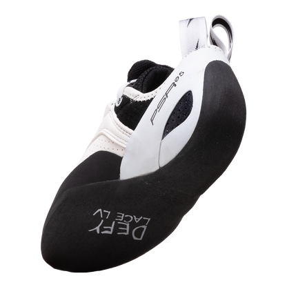 Evolv Defy Lace LV low-volume climbing shoes, heel side view with black outsole and logo