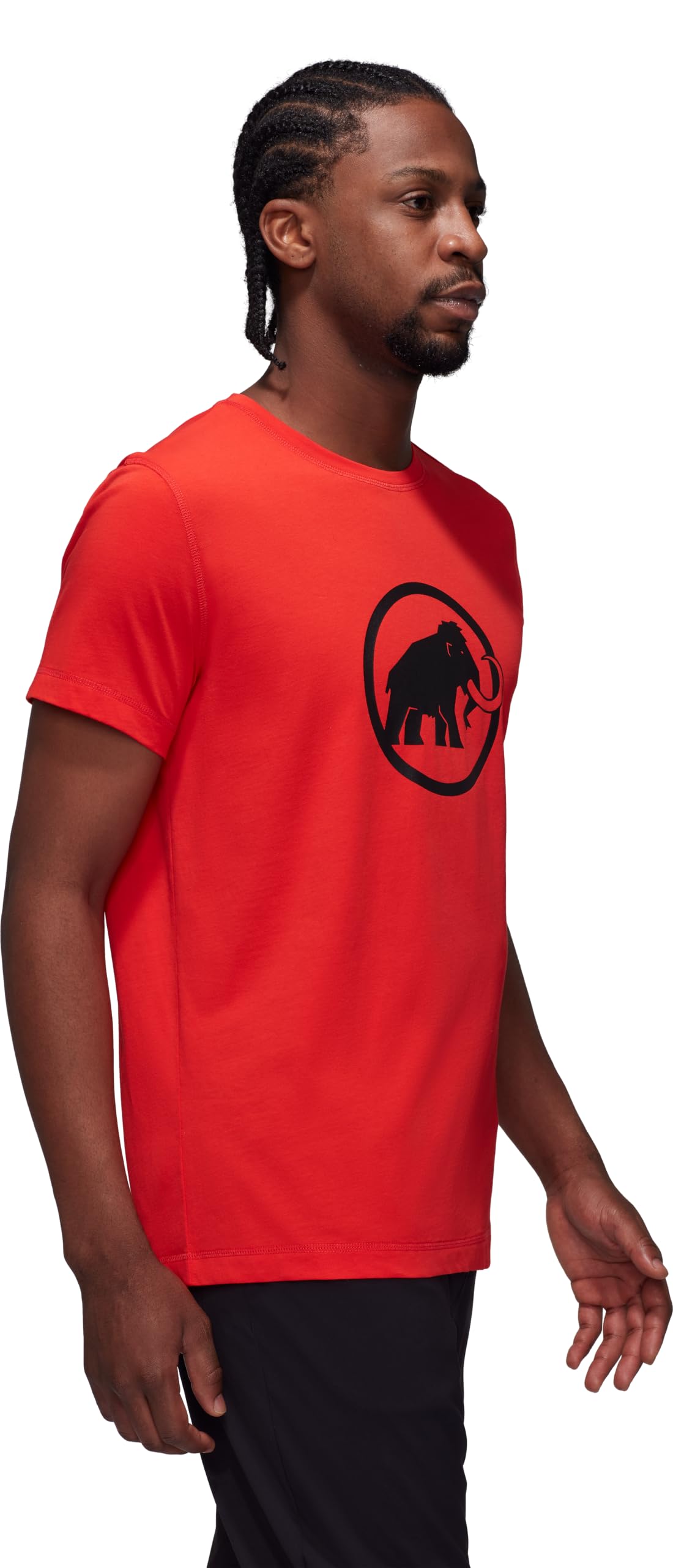 Men's short-sleeve T-shirt in red with round neck and elephant logo, side view