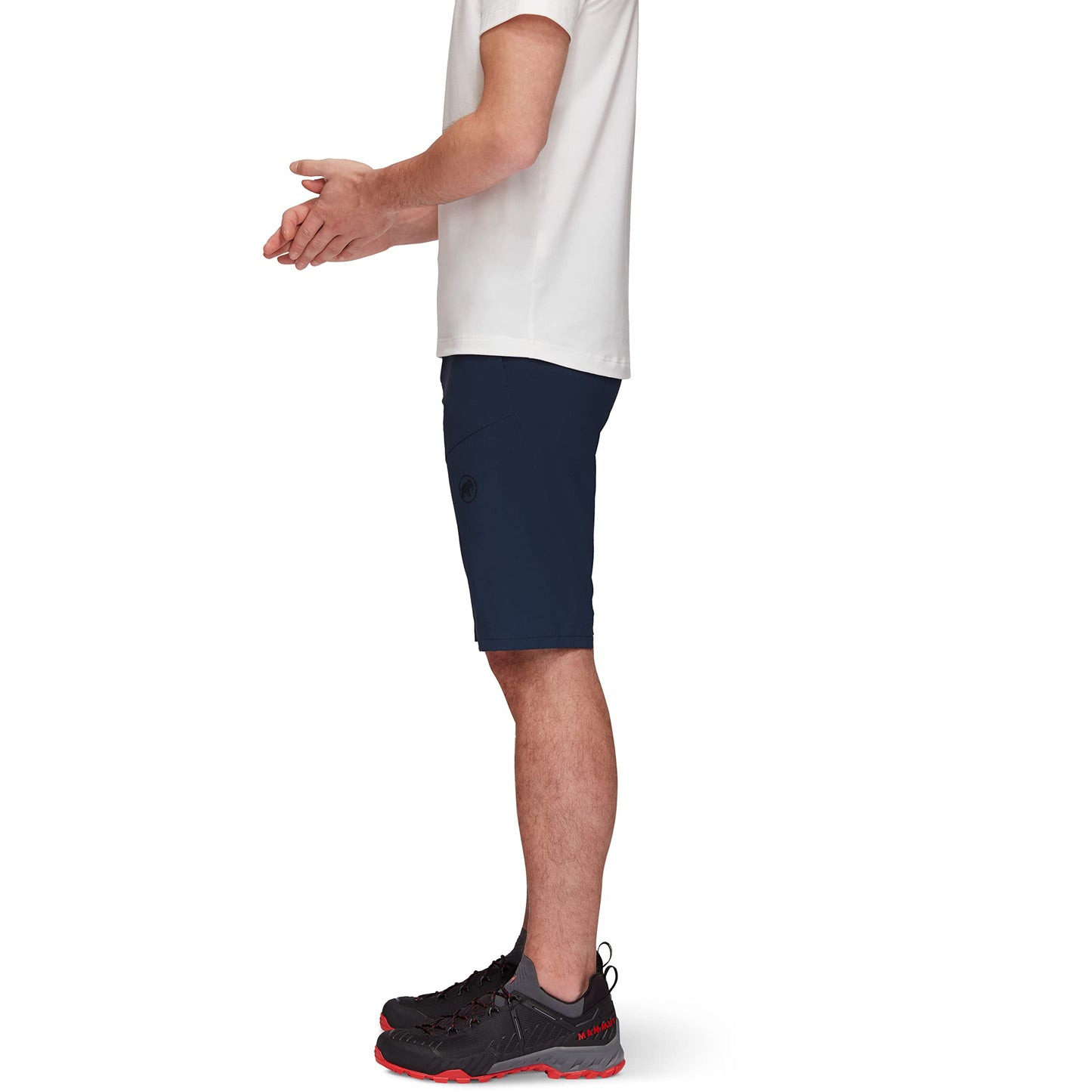 Men’s dark blue trail running shorts, side view with mid-thigh length and belt loops