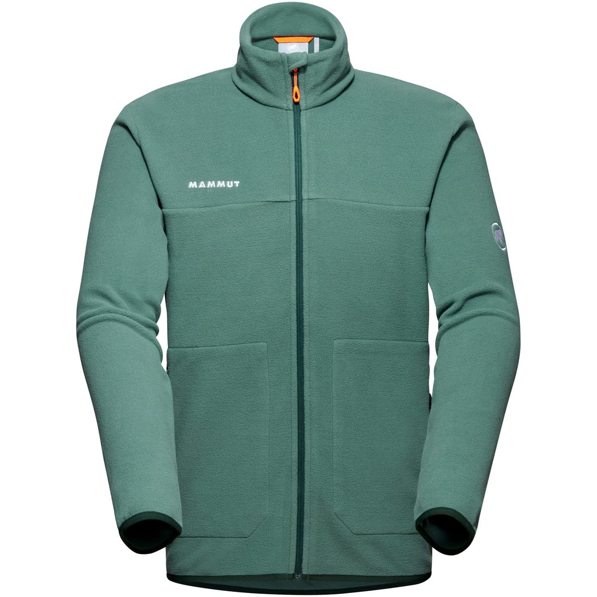 Men's light fleece jacket in dark green with full-zip hood and two chest pockets