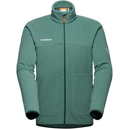 Men's light fleece jacket in dark green with full-zip hood and two chest pockets