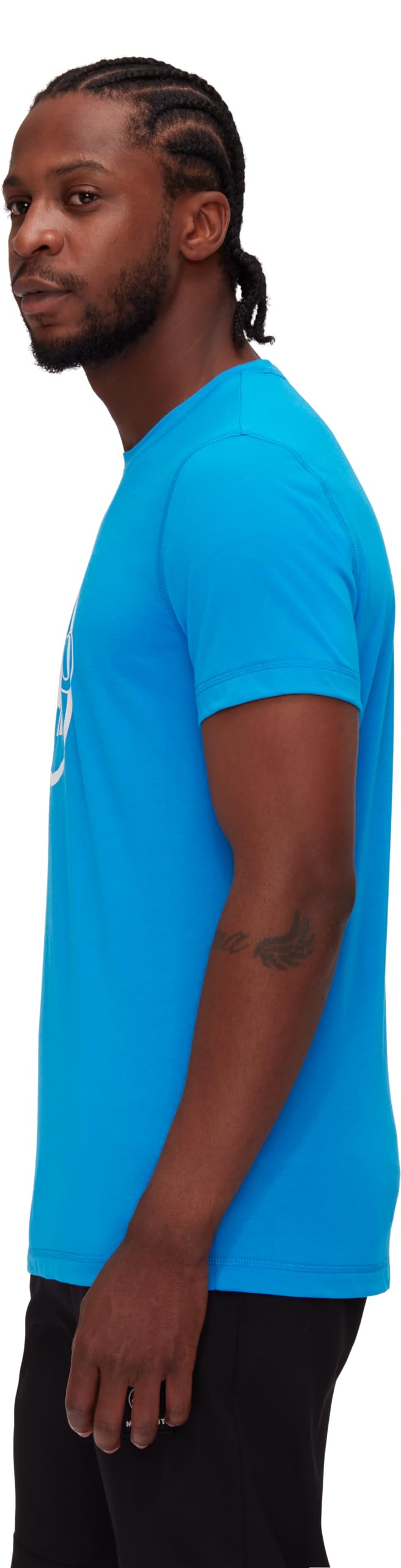 Men's short-sleeve T-shirt in bright blue, crew neck, side view