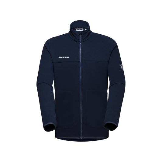 Men’s blue full-zip fleece jacket with hood, zip pockets, and contrast seam detailing