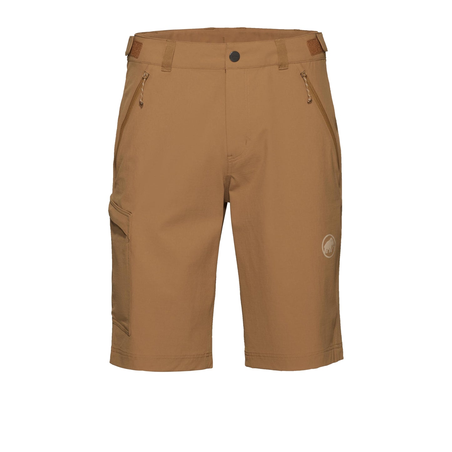 Clay tan men's trail running shorts, button waist, side pockets, logo on leg