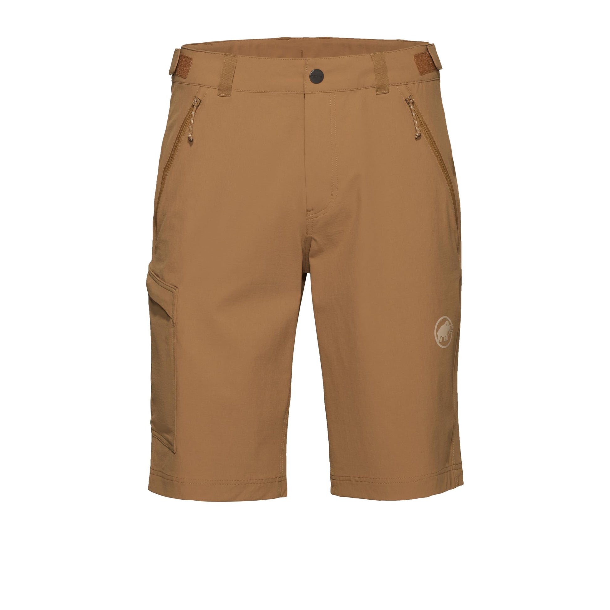 Men's trail running shorts, tan with cargo-style side pockets and logo patch