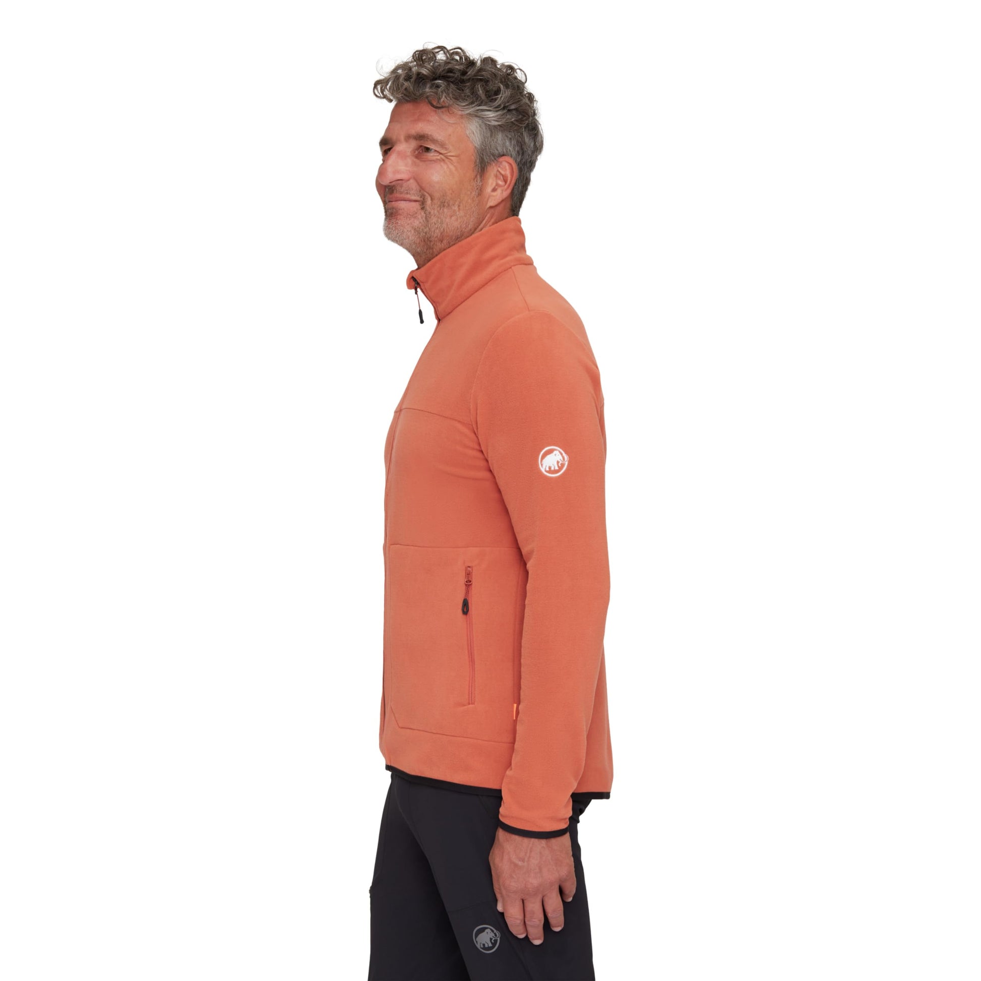 Men's light fleece jacket in orange shown from the side with zip and sleeve pocket