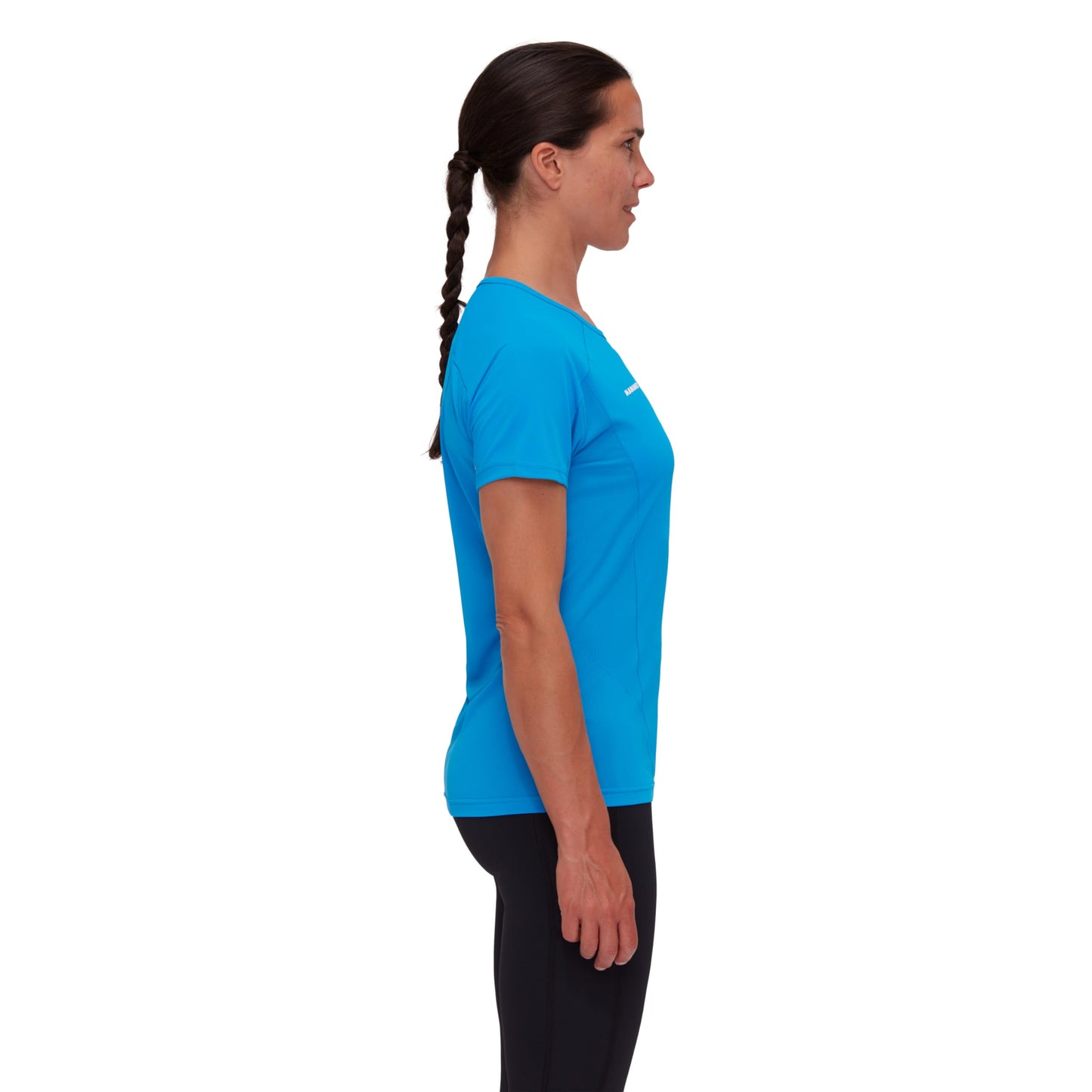 Blue women's short-sleeve athletic T-shirt, side view with smooth fitted seams.