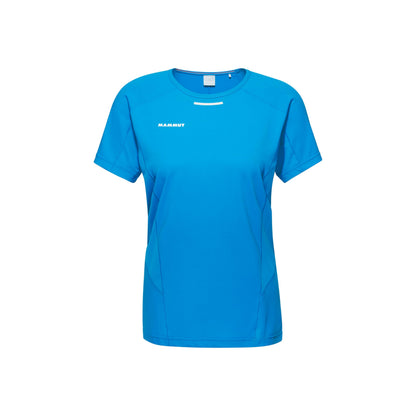 Women’s blue performance T-shirt with crew neck and short sleeves, studio front