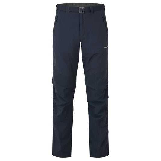 Men's outdoor hiking pants in dark blue, adjustable waistband, straight tapered legs