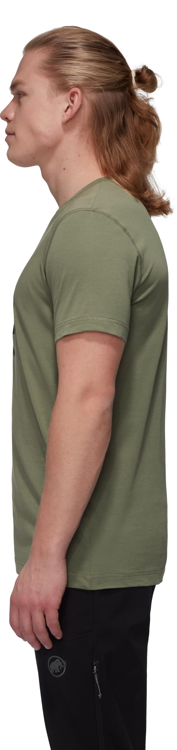 Olive green men's crewneck short-sleeve T-shirt, side profile