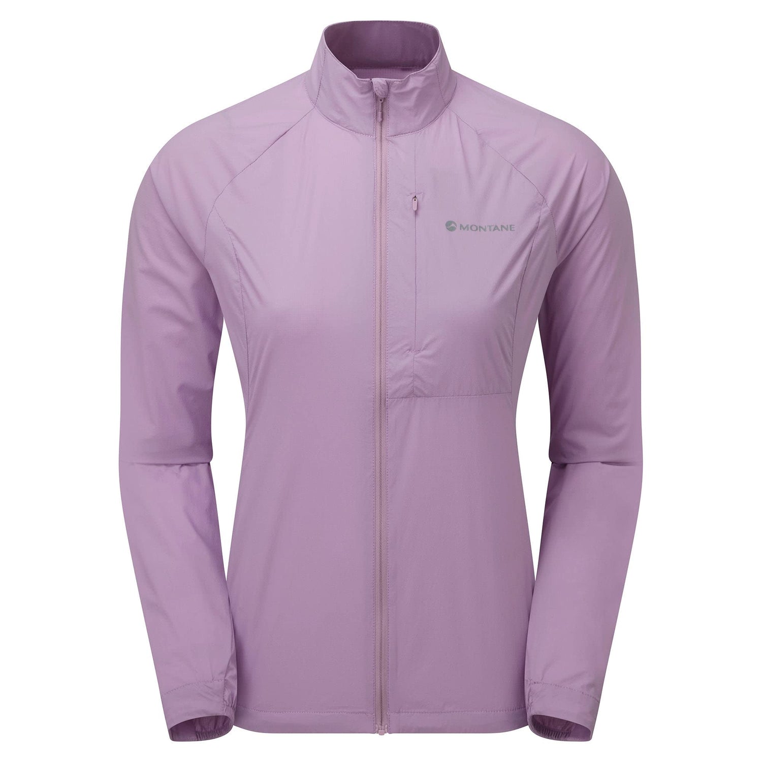 Montane Featherlite women's windproof jacket in lavender with full-length zip and stand collar