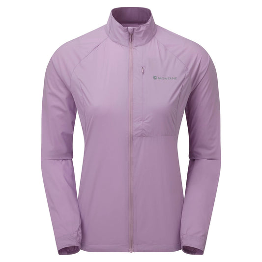 Montane Featherlite women's windproof jacket in lavender with full-length zip and stand collar