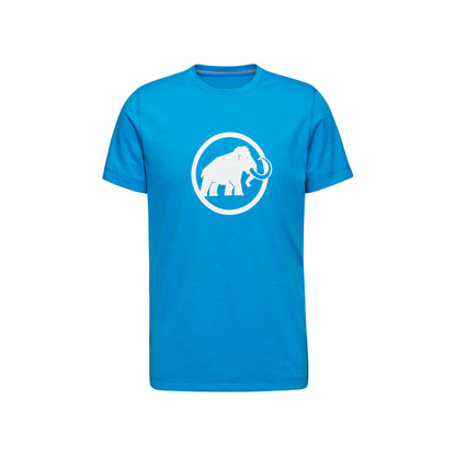 Men's short-sleeve crewneck T-shirt in bright blue with circular bear logo graphic