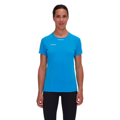 Women’s blue performance T-shirt on model with crew neck and short sleeves