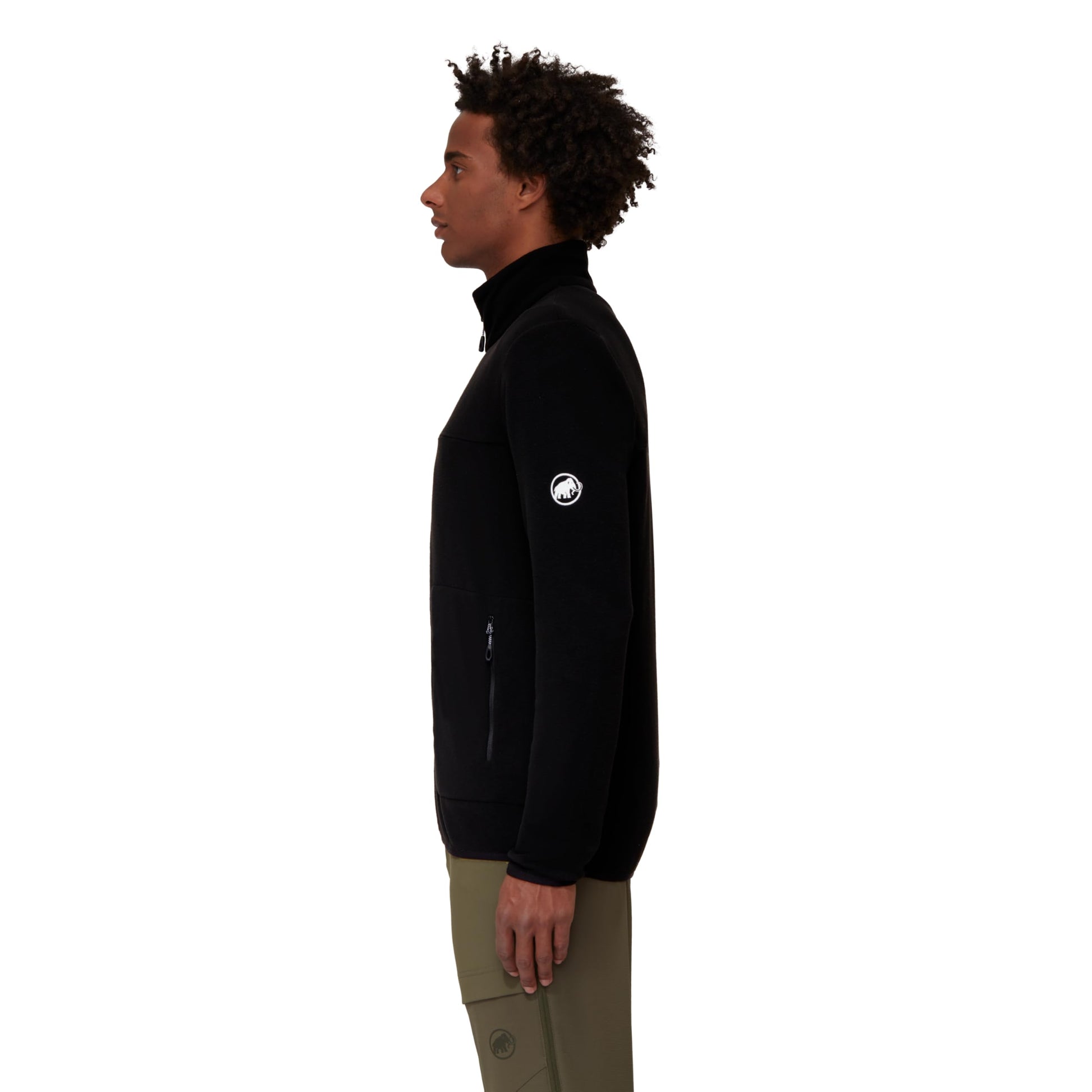 Men's light fleece jacket, black, zip front, stand collar, side zip pocket