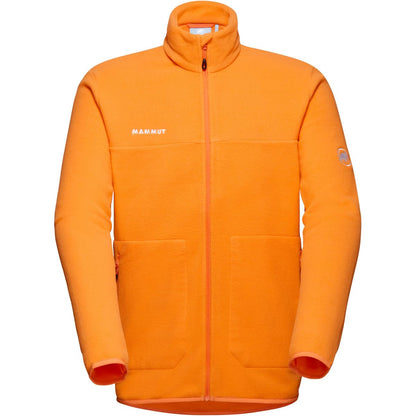 Men’s bright orange full-zip fleece jacket with hood, zip pockets, and side logo patch
