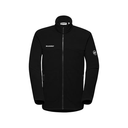 Men's black zip-up fleece jacket with stand collar and zippered hand pockets.