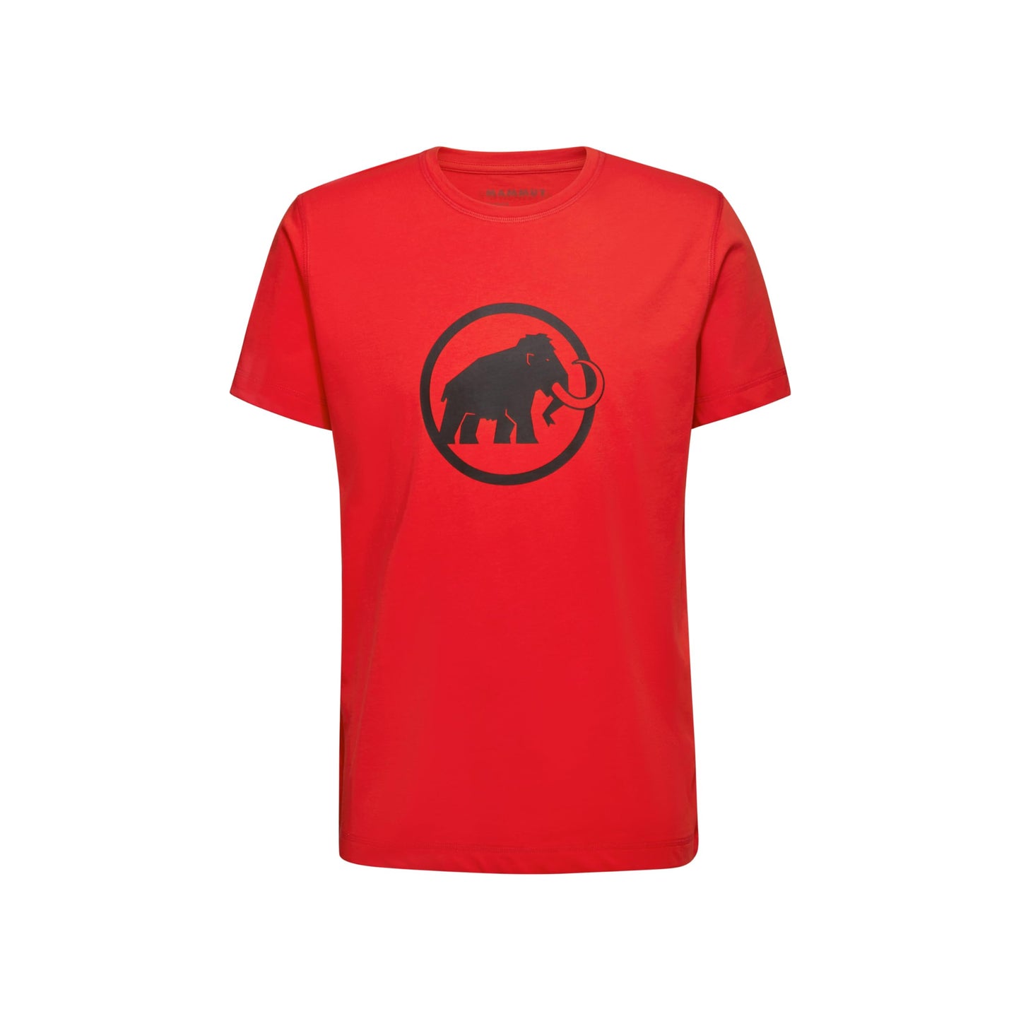 Men's short-sleeve crewneck T-shirt, red with black circular elephant graphic on chest