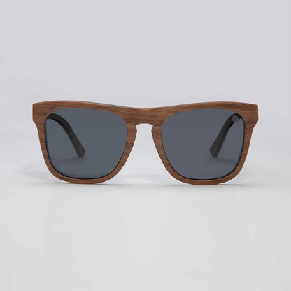 Toffee wood-look sunglasses with dark mirrored lenses and cat-eye shape