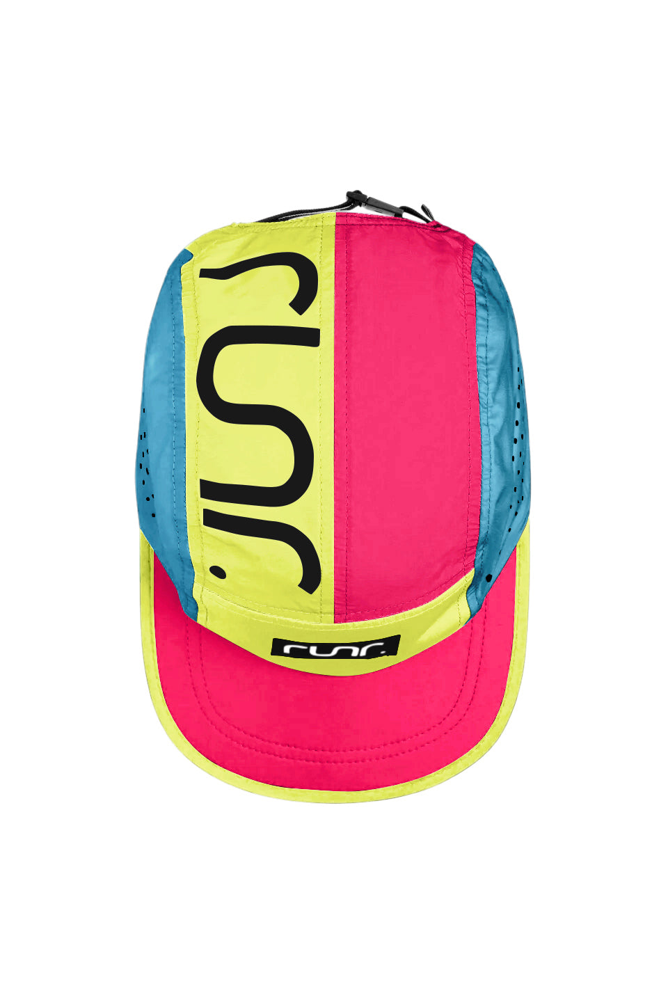 Technical running hat side view with neon yellow, pink and blue color blocks