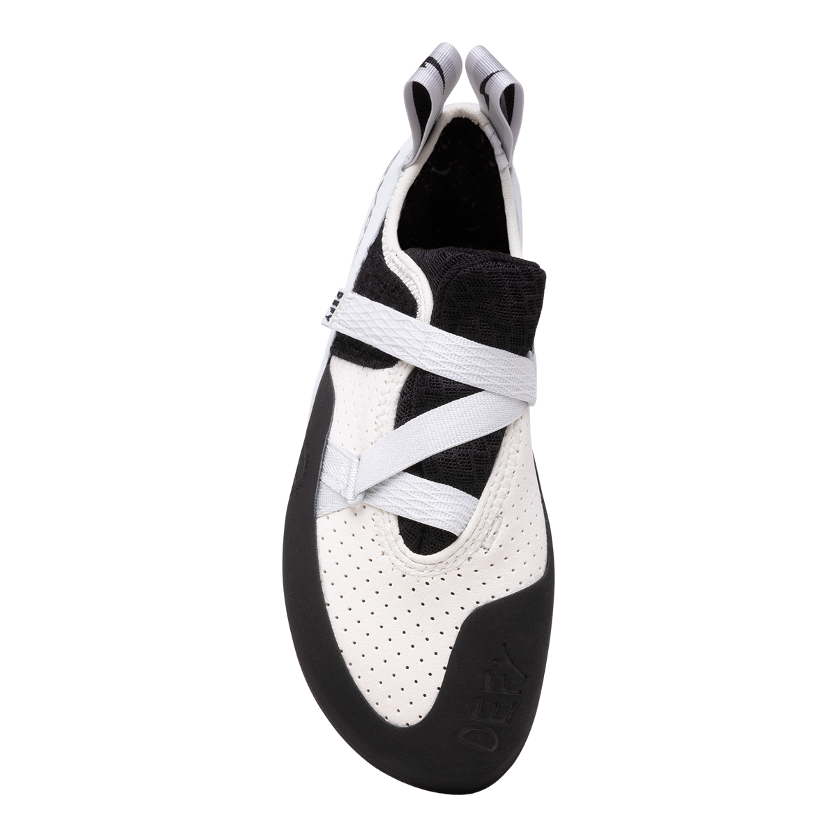 Evolv Defy LV low-volume climbing shoes, white upper with lace and black panel