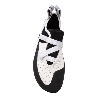 Evolv Defy LV low-volume climbing shoes, white upper with lace and black panel