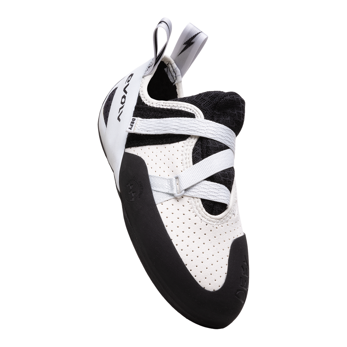Evolv Defy LV climbing shoes, white perforated upper with black heel strap