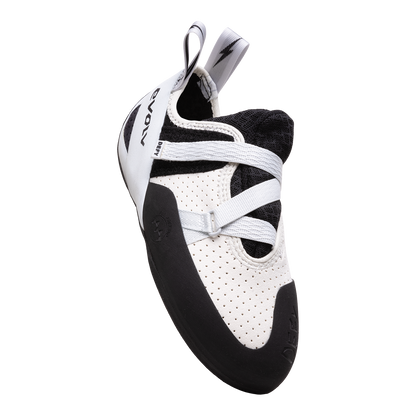 Evolv Defy LV climbing shoes, white perforated upper with black heel strap