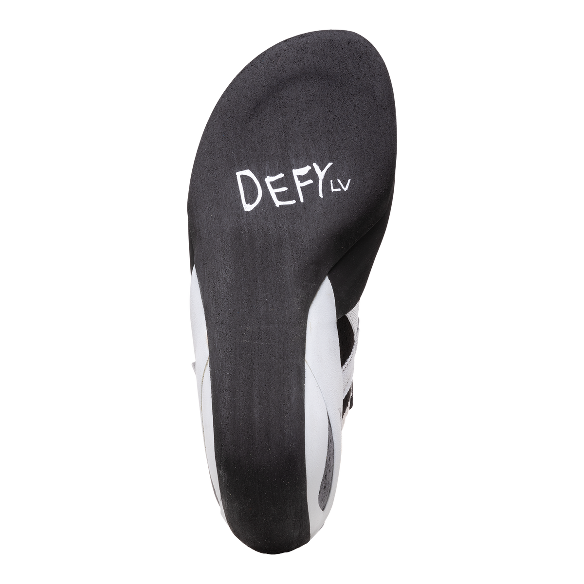 Evolv Defy LV shoe sole, dark rubber tread with white sidewall