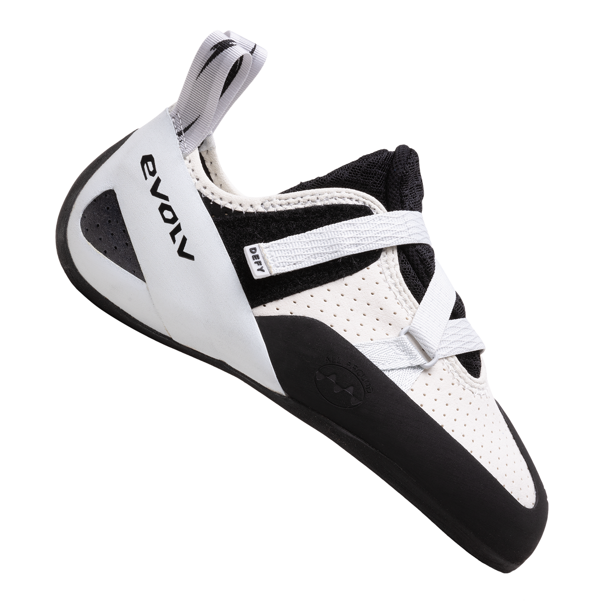 Evolv Defy LV unisex low-volume climbing shoes, white and black lace-up