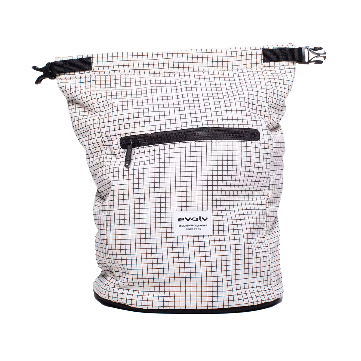 Canvas chalk bucket roll-top with black front zipper panel, white grid canvas