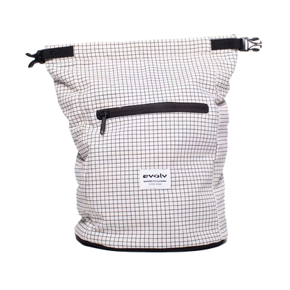Canvas chalk bucket roll-top with black front zipper panel, white grid canvas