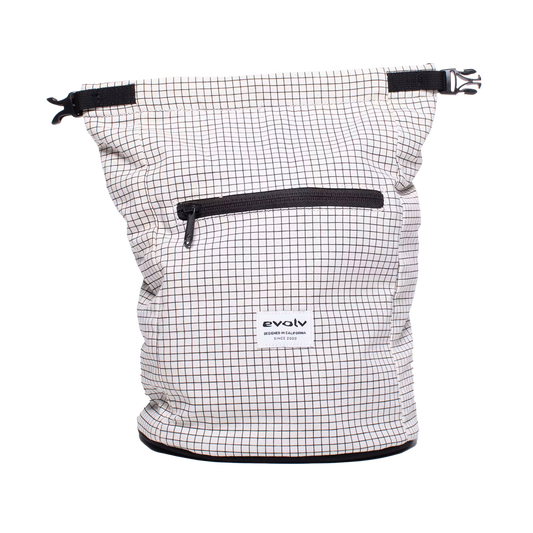 Canvas chalk bucket roll-top with black front zipper panel, white grid canvas