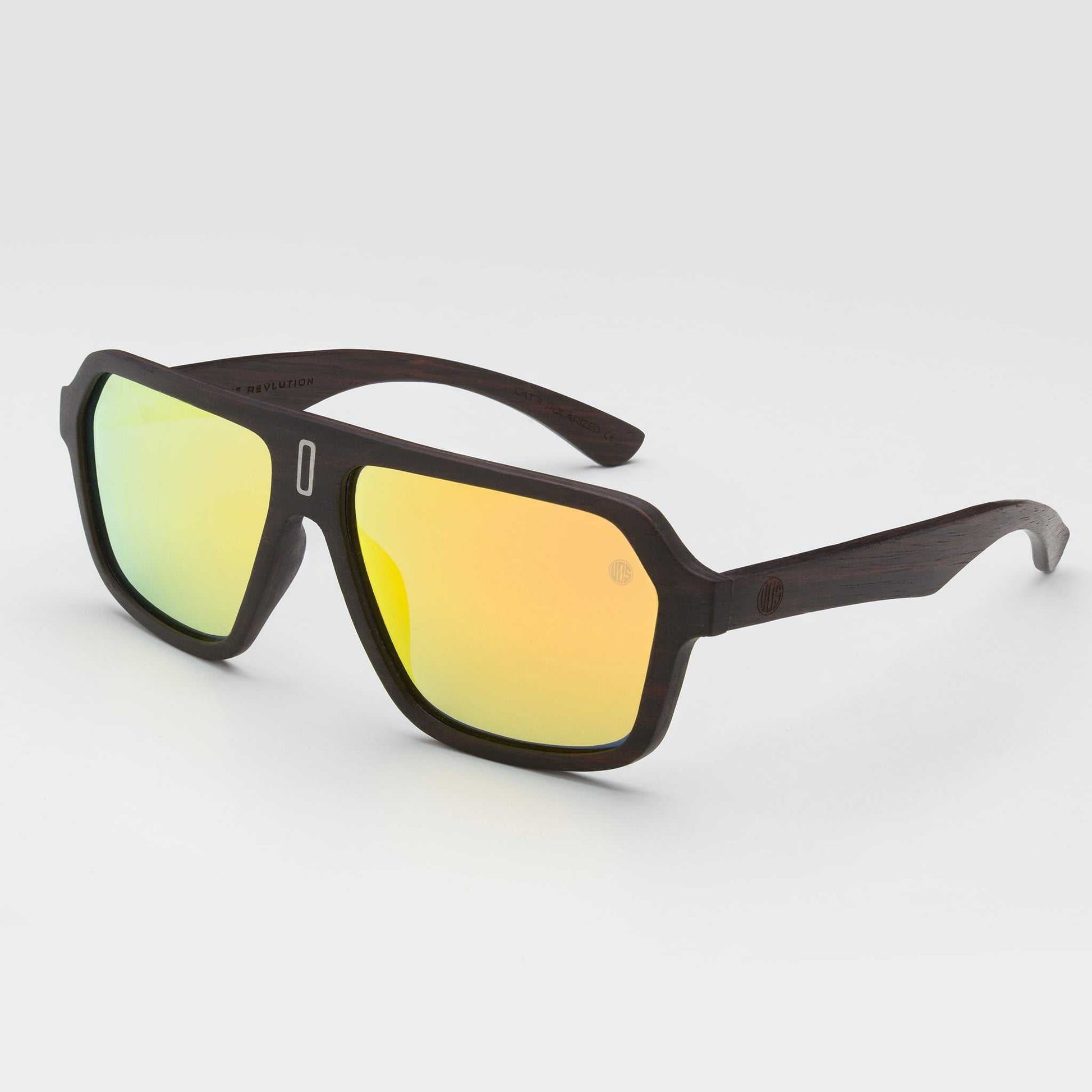 Mavericks sunglasses with yellow mirror lenses and dark wood-style frames