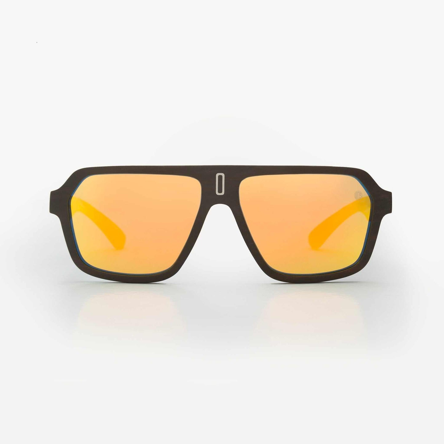 Mavericks sunglasses with amber mirror lenses and dark wood-style frames