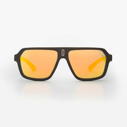 Mavericks sunglasses with amber mirror lenses and dark wood-style frames