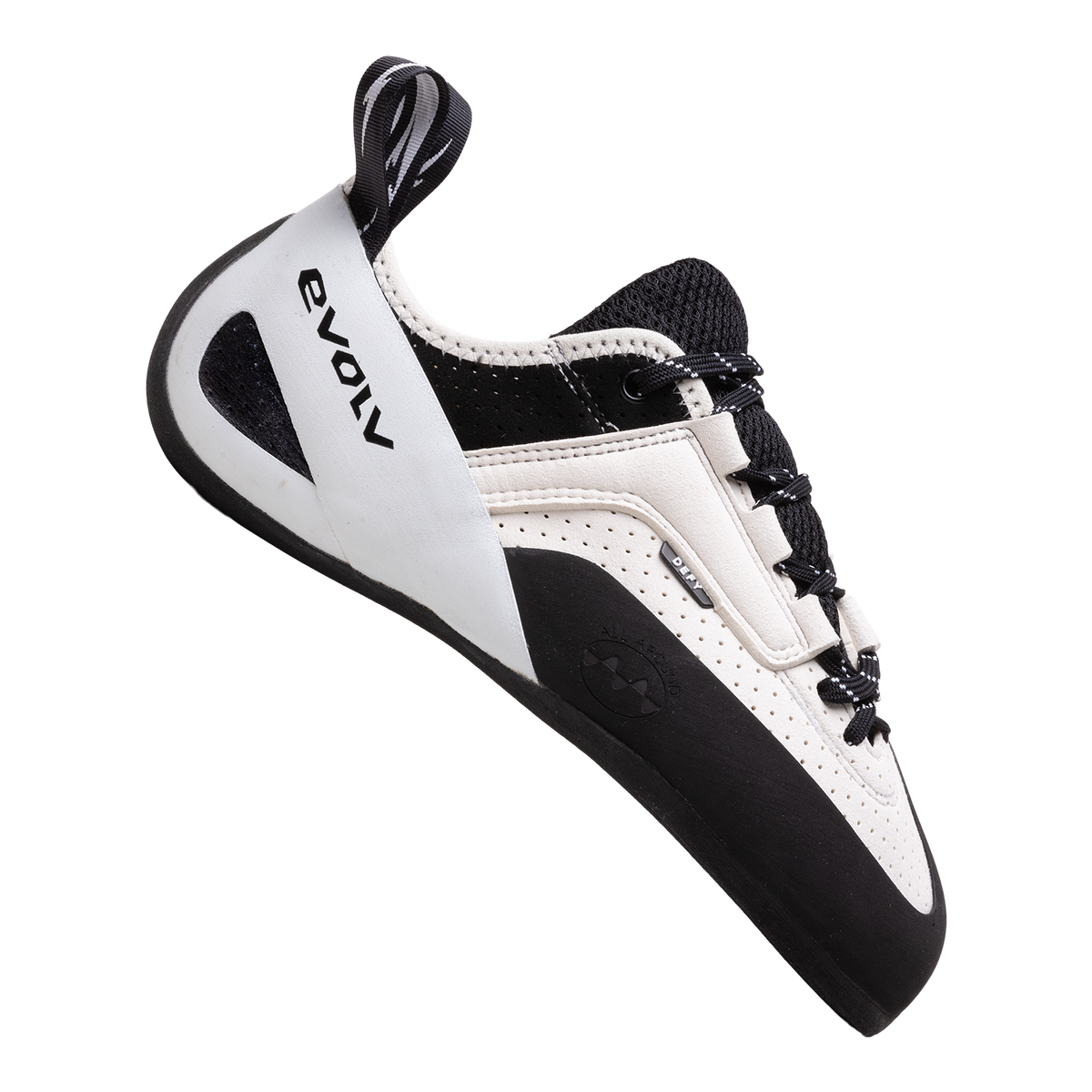 Climbing shoes with lace-up closure, white and black upper, side strap detail